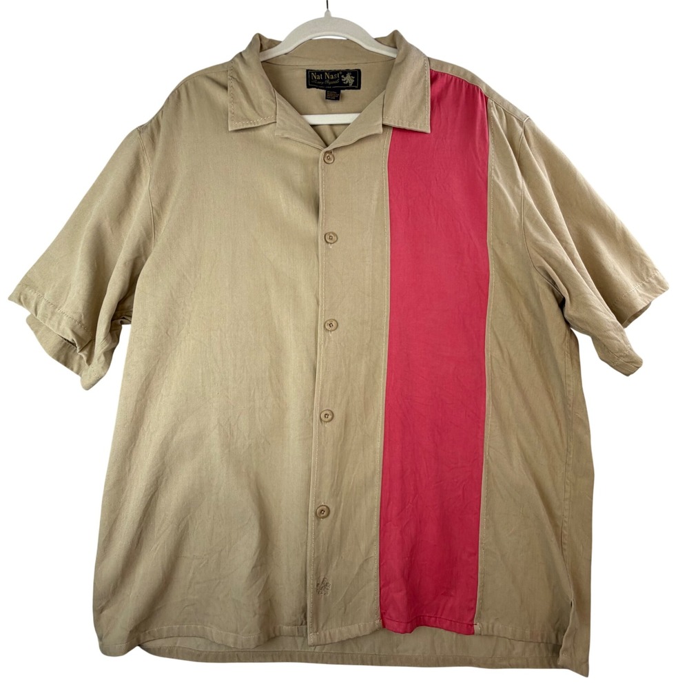 Nat Nast Luxury Originals Silk Bowling Shirt Mens XL Tan Pink Camp Y2K Retro